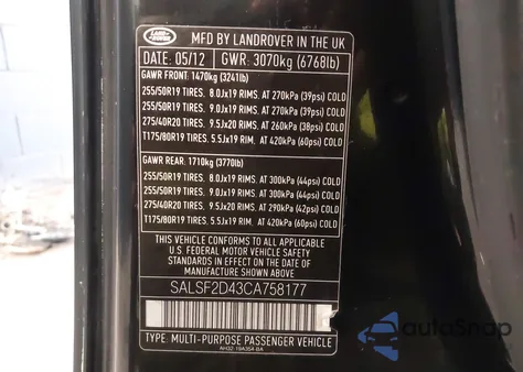 2012 Land Rover Range Rover Sport Hse z USA, uszkodzony, nr VIN SALSF2D43CA758177